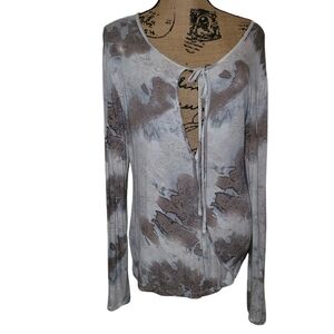 Moon And Sky Blue & Gray Tye Dye Long Sleeve Blouse Women Medium Plunging V-Neck